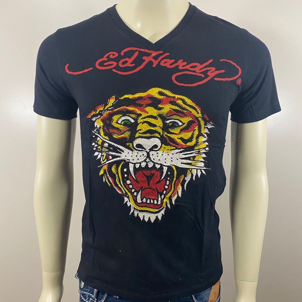 Ed Hardy Men Black Tiger Rhinestone Shirt V Neck
